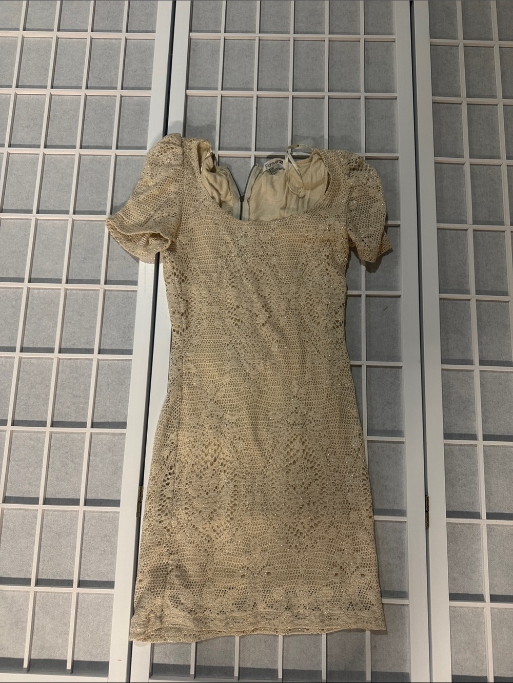 Forever 21 Beige Crochet Puff Sleeve Mini Dress